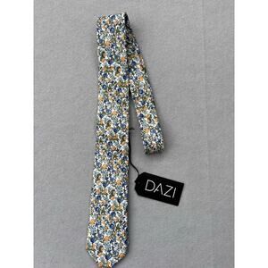 NWT‎ Dazi Mens Alpine Blum floral cotton slim skinny tie blue yellow 2.5"